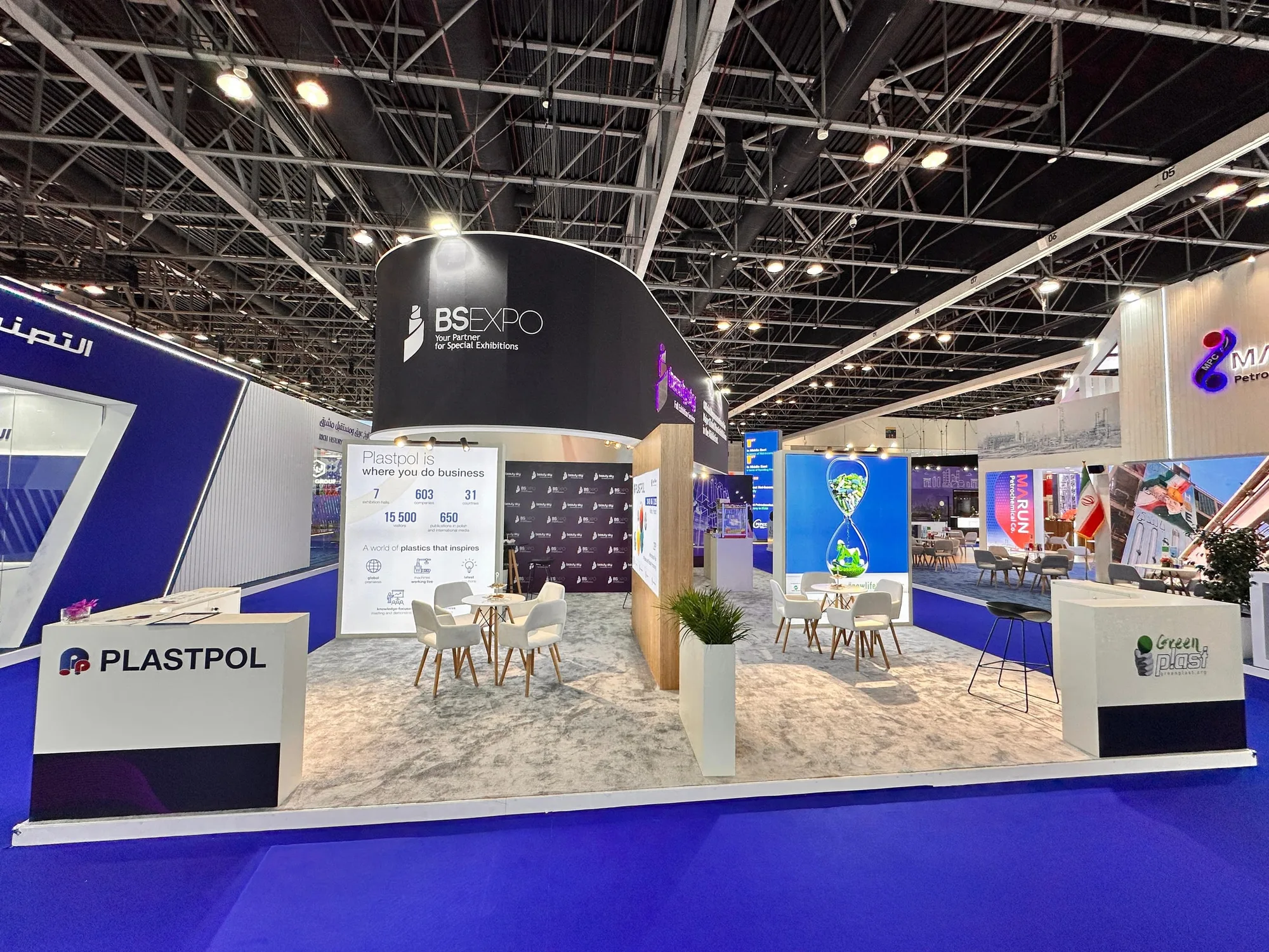 The BS Expo stand at PlastIndia 2026, with the calendar of represented exhibitions